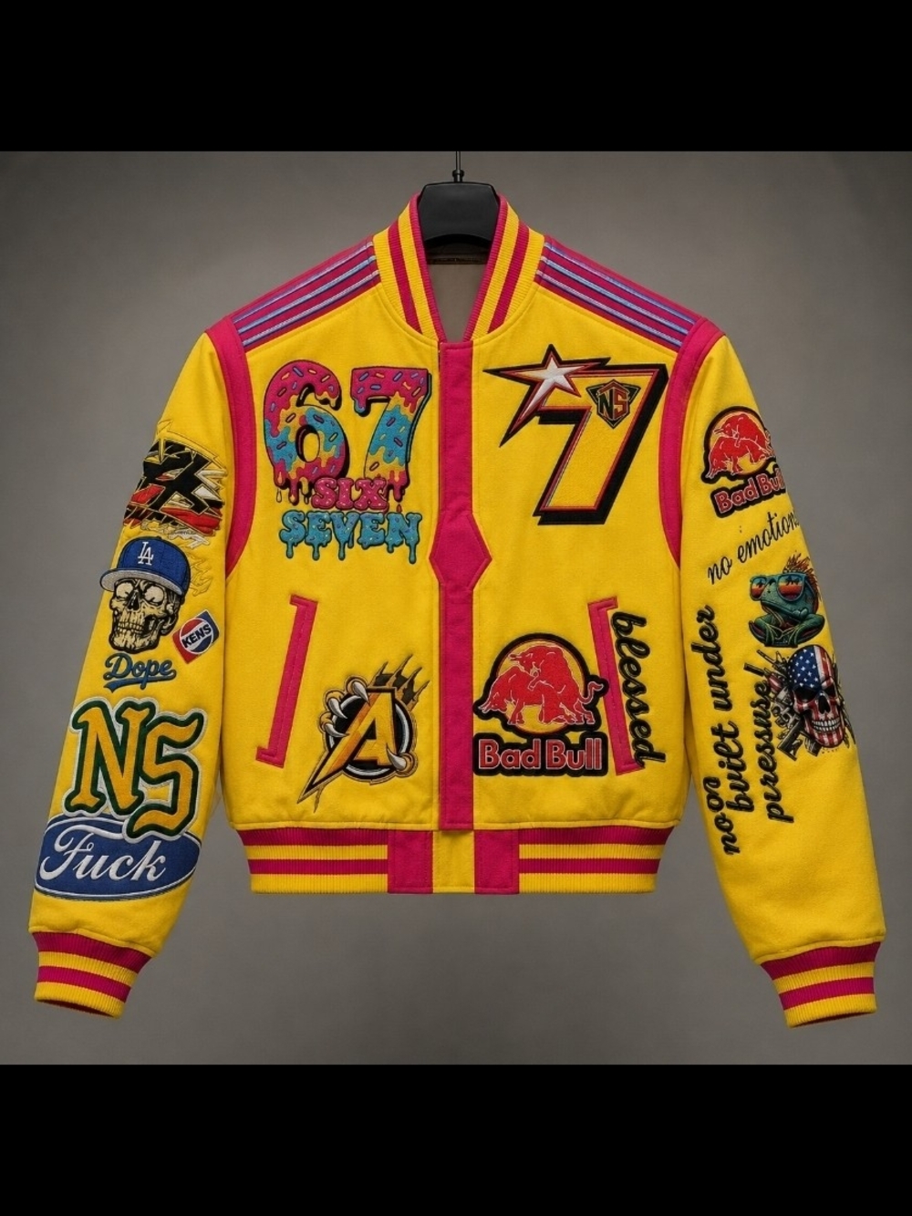 Yellow & Pink Embroidered Varsity-Style Patch Jacket
